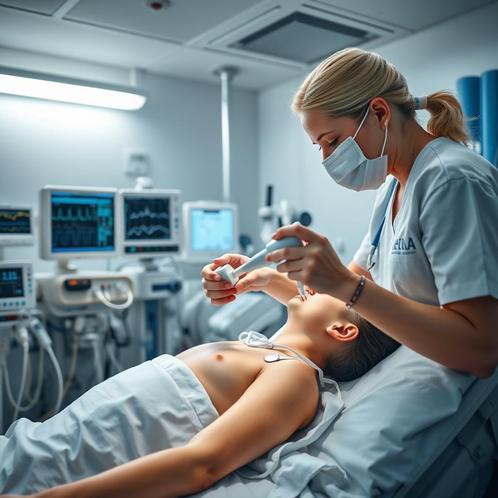 An intimate and focused scene of ICU respiratory physiotherapy being conducted on a ventilated patient