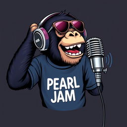 A hyper-realistic logo design featuring a sassy chimp wearing a PEARL JAM t-shirt and stylish headphones, animatedly speaking into a microphone that is mounted on a microphone stand