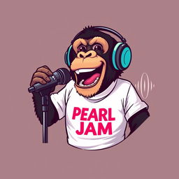 A hyper-realistic logo design featuring a sassy chimp wearing a PEARL JAM t-shirt and stylish headphones, animatedly speaking into a microphone that is mounted on a microphone stand