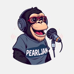 A hyper-realistic logo design featuring a sassy chimp wearing a PEARL JAM t-shirt and stylish headphones, animatedly speaking into a microphone that is mounted on a microphone stand