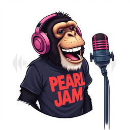 A hyper-realistic logo design featuring a sassy chimp wearing a PEARL JAM t-shirt and stylish headphones, animatedly speaking into a microphone that is mounted on a microphone stand