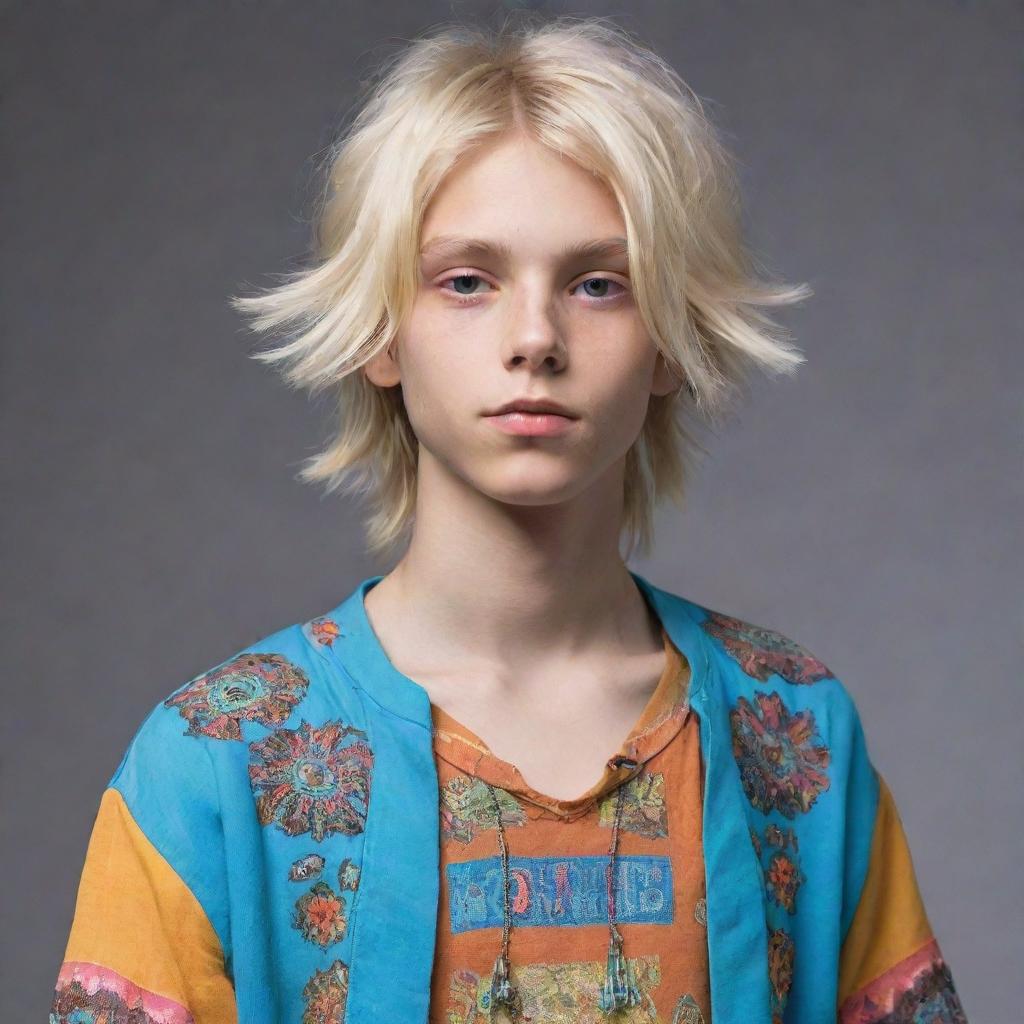 A futuristic cyber-themed boy with blonde hair embodying the free-spirited essence of hippie culture.