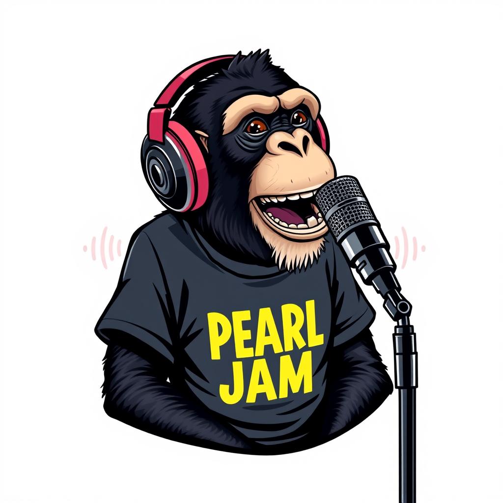 A hyper-realistic logo design featuring a Gen X chimp wearing a PEARL JAM t-shirt and trendy headphones, animatedly speaking into a microphone mounted on a microphone stand