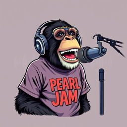 A hyper-realistic logo design featuring a Gen X chimp wearing a PEARL JAM t-shirt and trendy headphones, animatedly speaking into a microphone mounted on a microphone stand