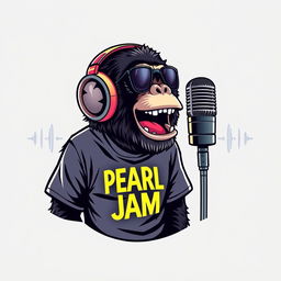 A hyper-realistic logo design featuring a Gen X chimp wearing a PEARL JAM t-shirt and trendy headphones, animatedly speaking into a microphone mounted on a microphone stand