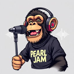 A hyper-realistic logo design featuring a Gen X chimp wearing a PEARL JAM t-shirt and trendy headphones, animatedly speaking into a microphone mounted on a microphone stand