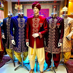 A variety of stylish men's sherwanis displayed on mannequins in a vibrant boutique