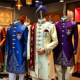 A variety of stylish men's sherwanis displayed on mannequins in a vibrant boutique