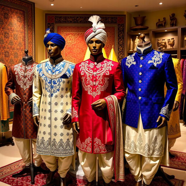 A variety of stylish men's sherwanis displayed on mannequins in a vibrant boutique