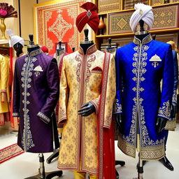 A variety of stylish men's sherwanis displayed on mannequins in a vibrant boutique