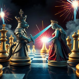 A dynamic scene featuring humanized chess pieces in an epic battle