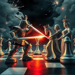 A dynamic scene featuring humanized chess pieces in an epic battle