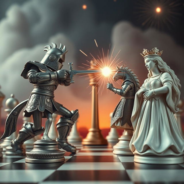 A dynamic scene featuring humanized chess pieces in an epic battle