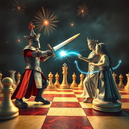 A dynamic scene featuring humanized chess pieces in an epic battle