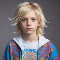 A futuristic cyber-themed boy with blonde hair embodying the free-spirited essence of hippie culture.