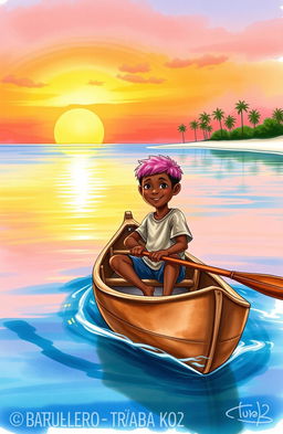 A vibrant watercolor illustration depicting an 8-year-old Afro-descendant boy in a small wooden canoe named "Patrullero P-123"