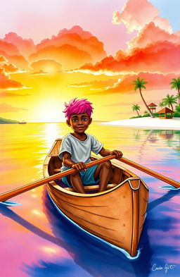 A vibrant watercolor illustration depicting an 8-year-old Afro-descendant boy in a small wooden canoe named "Patrullero P-123"