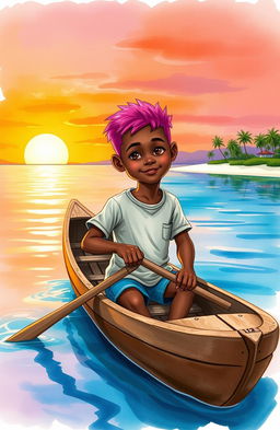 A vibrant watercolor illustration depicting an 8-year-old Afro-descendant boy in a small wooden canoe named "Patrullero P-123"