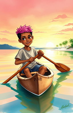 A vibrant watercolor illustration depicting an 8-year-old Afro-descendant boy in a small wooden canoe named "Patrullero P-123"