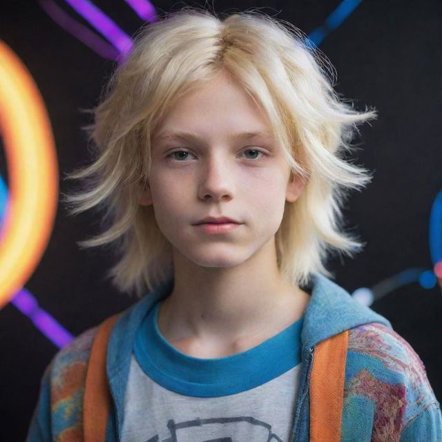 A futuristic cyber-themed boy with blonde hair embodying the free-spirited essence of hippie culture.