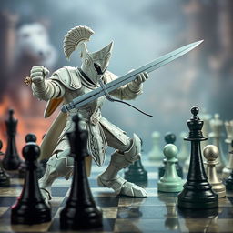 A dynamic scene of a humanoid white rook wielding a sword, dramatically severing a visual communication cable that connects a black king and a black queen, symbolizing interference in a game of chess