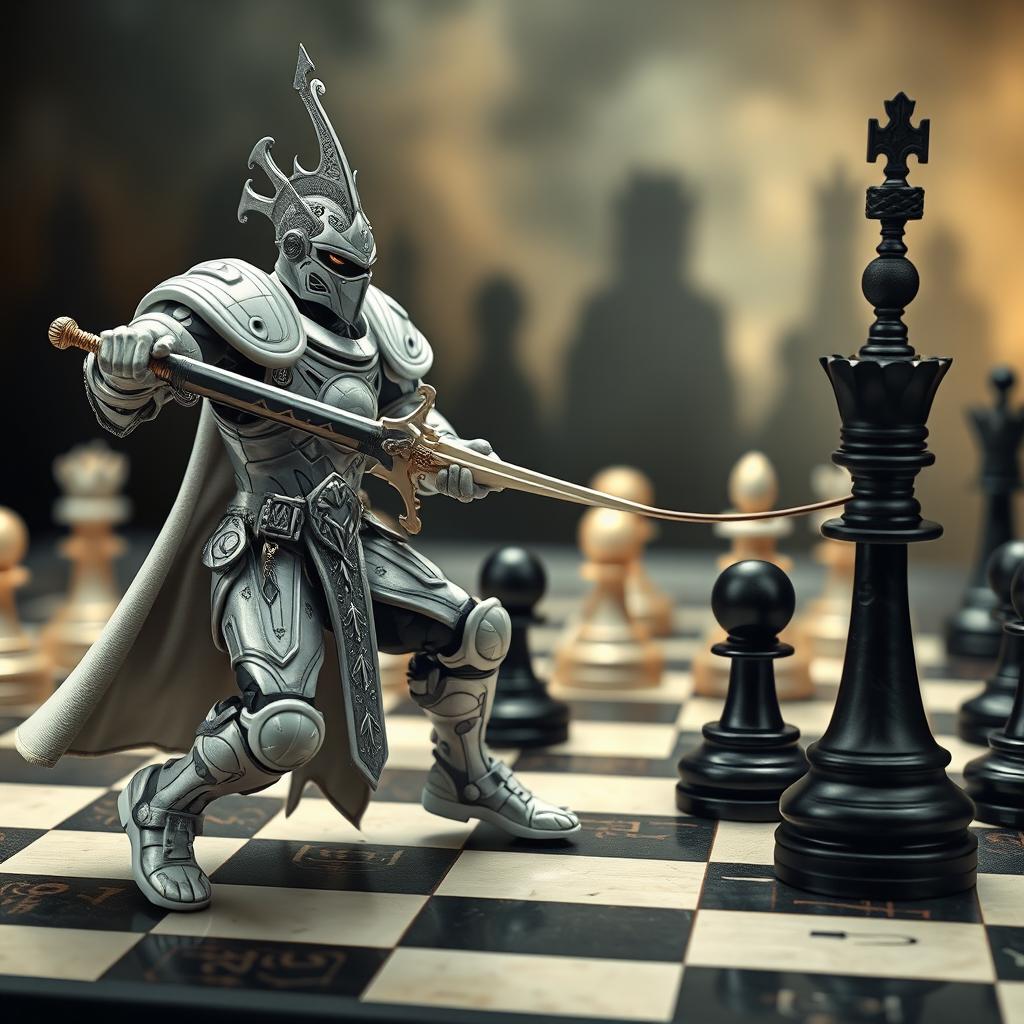 A dynamic scene of a humanoid white rook wielding a sword, dramatically severing a visual communication cable that connects a black king and a black queen, symbolizing interference in a game of chess