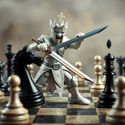 A dynamic scene of a humanoid white rook wielding a sword, dramatically severing a visual communication cable that connects a black king and a black queen, symbolizing interference in a game of chess