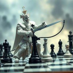 A dynamic scene of a humanoid white rook wielding a sword, dramatically severing a visual communication cable that connects a black king and a black queen, symbolizing interference in a game of chess