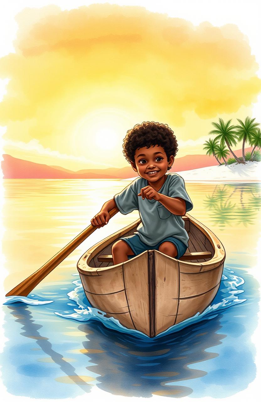 A vibrant watercolor illustration depicting an 8-year-old Afro-descendant boy in a small wooden canoe named 'Patrullero P-123'