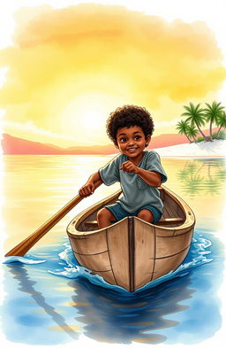 A vibrant watercolor illustration depicting an 8-year-old Afro-descendant boy in a small wooden canoe named 'Patrullero P-123'