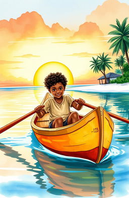 A vibrant watercolor illustration depicting an 8-year-old Afro-descendant boy in a small wooden canoe named 'Patrullero P-123'