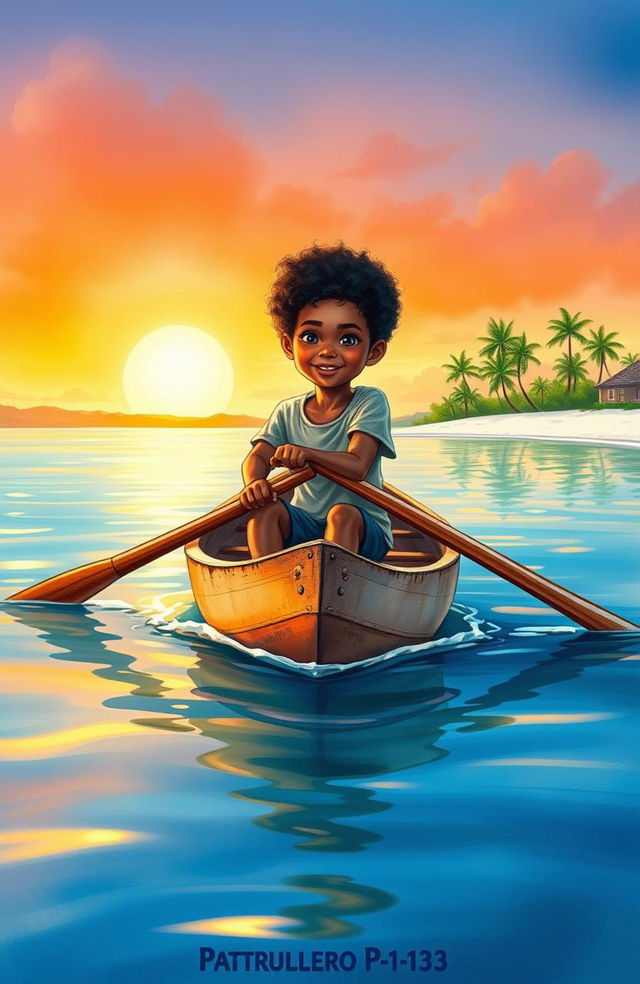 A vibrant watercolor illustration depicting an 8-year-old Afro-descendant boy in a small wooden canoe named 'Patrullero P-123'