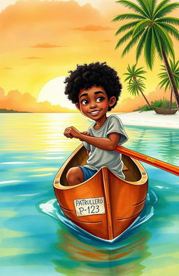 A vibrant watercolor illustration depicting an 8-year-old Afro-descendant boy in a small wooden canoe named 'Patrullero P-123'