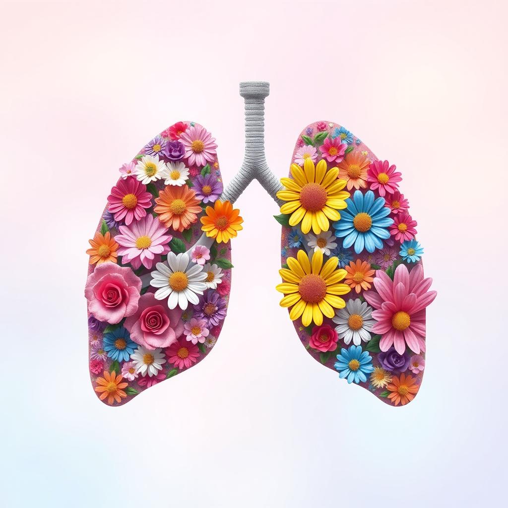 A whimsical and artistic interpretation of lungs designed to resemble a vibrant array of flowers