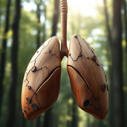 An imaginative artistic depiction of lungs designed to resemble wood, showcasing the intricate patterns and textures of natural timber