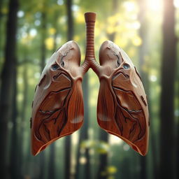 An imaginative artistic depiction of lungs designed to resemble wood, showcasing the intricate patterns and textures of natural timber