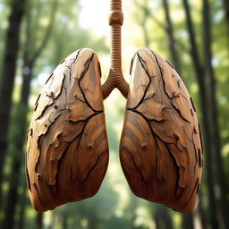 An imaginative artistic depiction of lungs designed to resemble wood, showcasing the intricate patterns and textures of natural timber