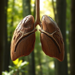 An imaginative artistic depiction of lungs designed to resemble wood, showcasing the intricate patterns and textures of natural timber