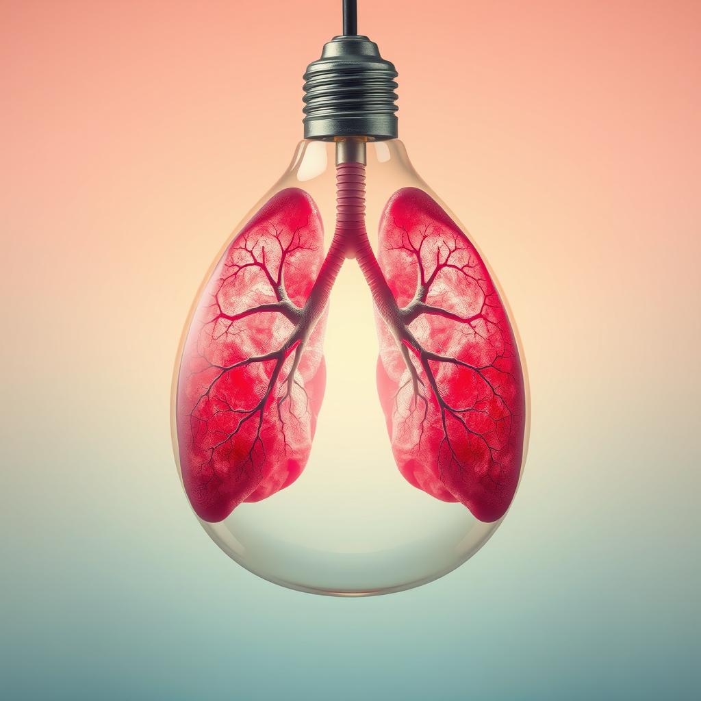 An imaginative and surreal depiction of lungs encapsulated within a transparent light bulb