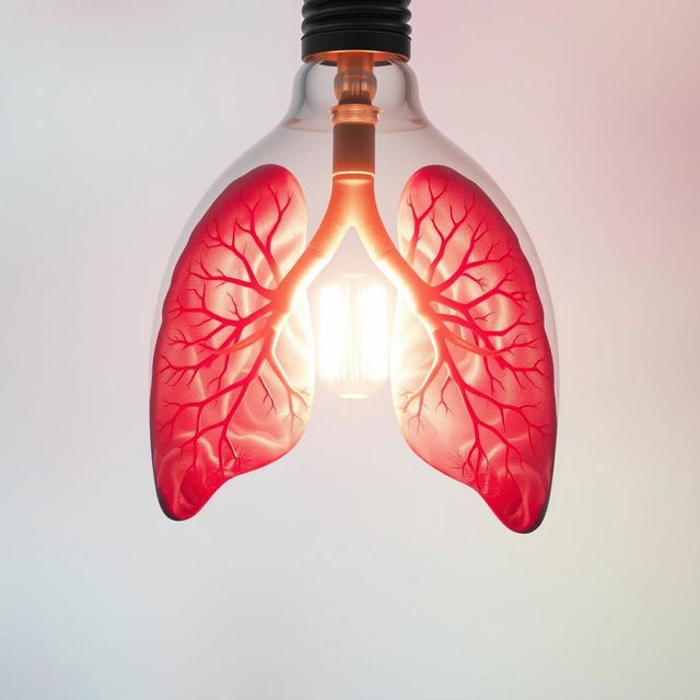 An imaginative and surreal depiction of lungs encapsulated within a transparent light bulb