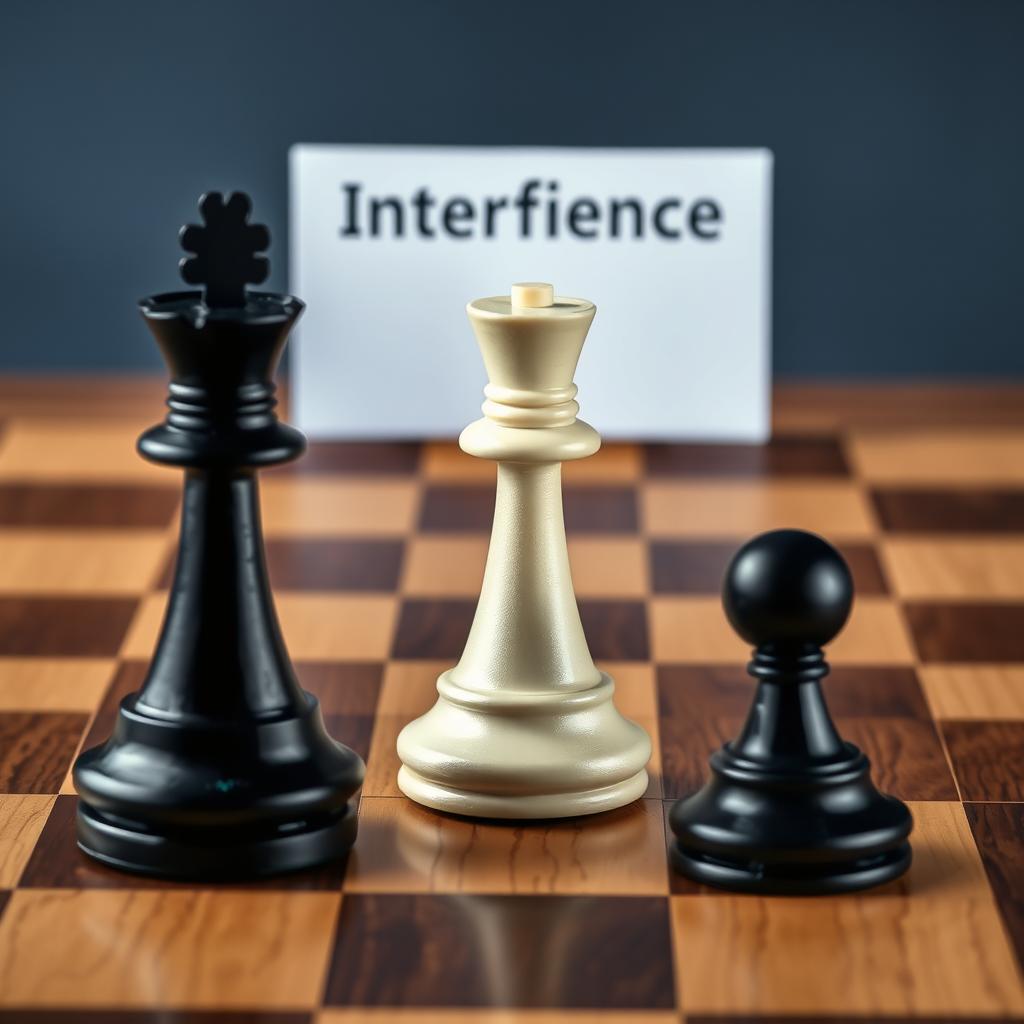 A chessboard featuring two black chess pieces, a queen and a pawn, positioned on opposite sides, and in the center between them, a white rook