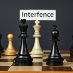 A chessboard featuring two black chess pieces, a queen and a pawn, positioned on opposite sides, and in the center between them, a white rook