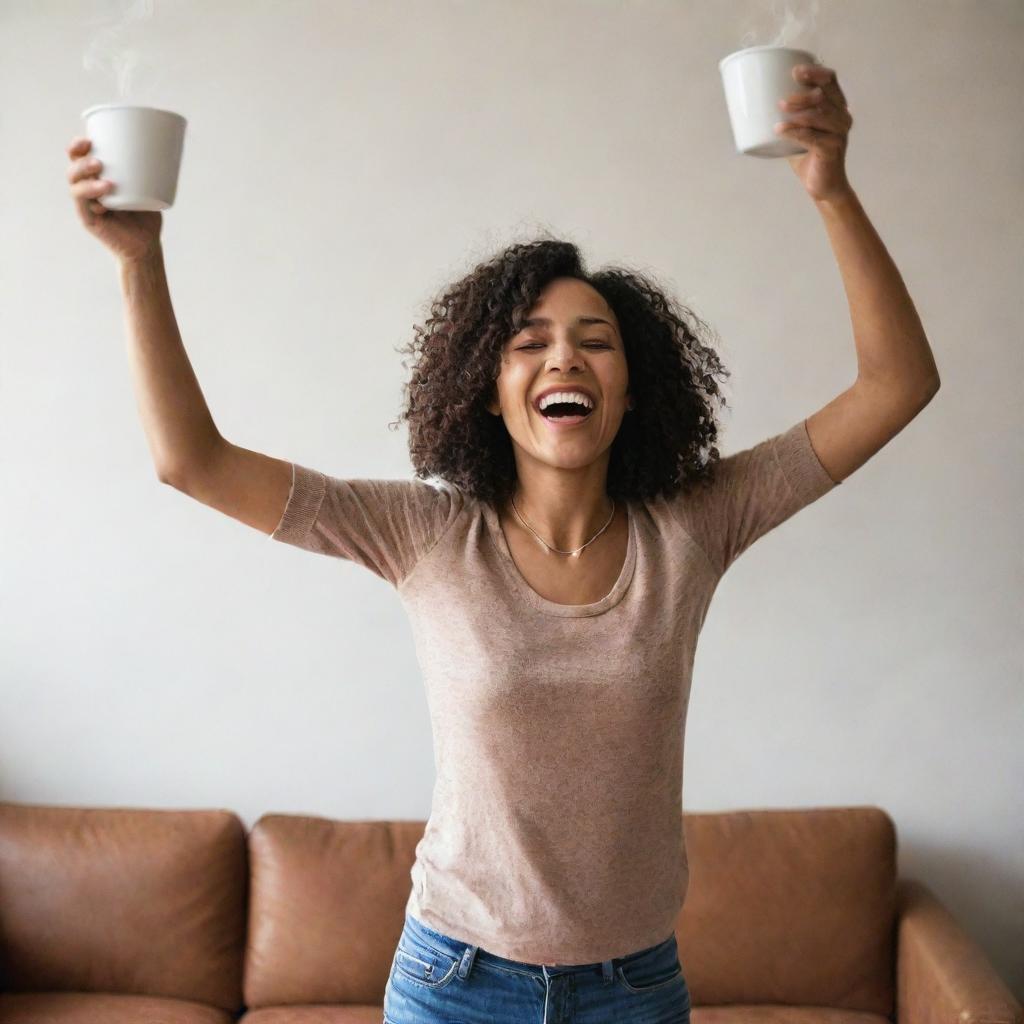 A person joyfully dancing while carefully holding a cup of steaming coffee.