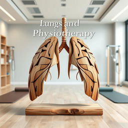 A visually striking book cover design titled 'Lungs and Physiotherapy', featuring a creative and artistic interpretation of lungs constructed from wood