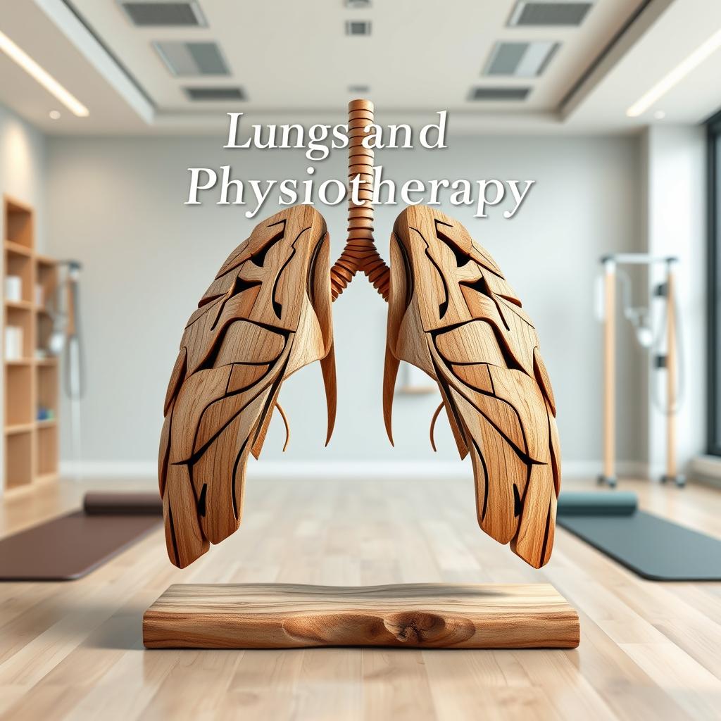 A visually striking book cover design titled 'Lungs and Physiotherapy', featuring a creative and artistic interpretation of lungs constructed from wood