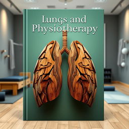 A visually striking book cover design titled 'Lungs and Physiotherapy', featuring a creative and artistic interpretation of lungs constructed from wood