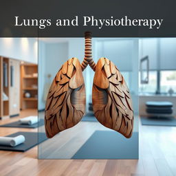 A visually striking book cover design titled 'Lungs and Physiotherapy', featuring a creative and artistic interpretation of lungs constructed from wood