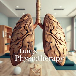 A visually striking book cover design titled 'Lungs and Physiotherapy', featuring a creative and artistic interpretation of lungs constructed from wood