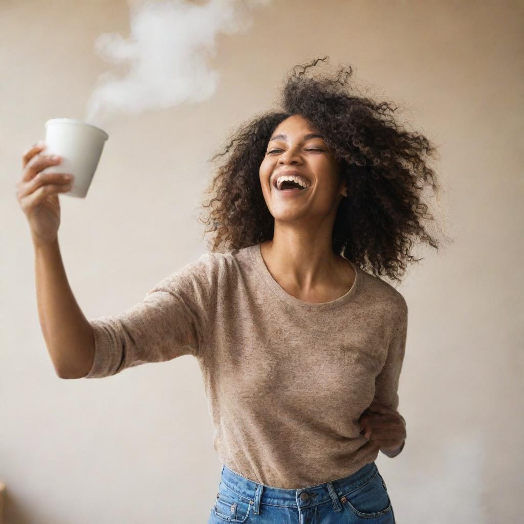 A person joyfully dancing while carefully holding a cup of steaming coffee.