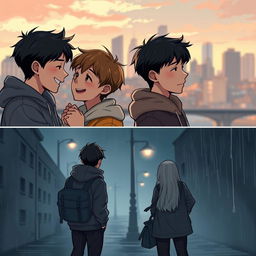 A poignant, emotional scene depicting two boys experiencing the highs of young love, sharing intimate moments like laughter, holding hands, and quiet conversations